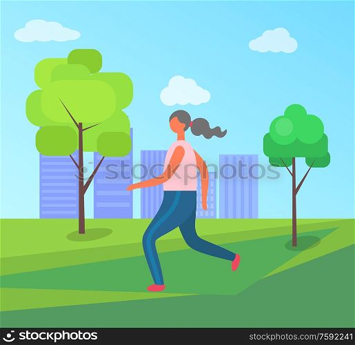 Fitness and sport, morning jogging in park vector. Woman running on grass among trees with skyscrapers on horizon, daily workout and healthy lifestyle. Jogging in City Park, Woman Running in Sportswear