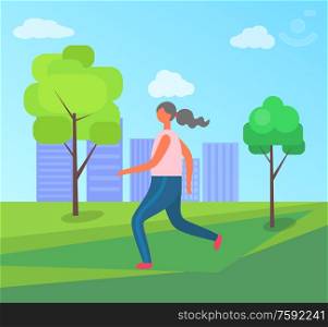 Fitness and sport, morning jogging in park vector. Woman running on grass among trees with skyscrapers on horizon, daily workout and healthy lifestyle. Jogging in City Park, Woman Running in Sportswear