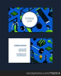 Fitness and sports club cards. Vector isometric gym card objects for gym sport training illustration. Fitness and sports club cards. Vector isometric gym card illustration