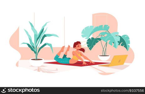 Fitness at home. Girl doing sports, doing yoga pose at laptop