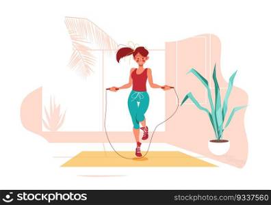 Fitness at home. Girl jumps on jump rope in her room