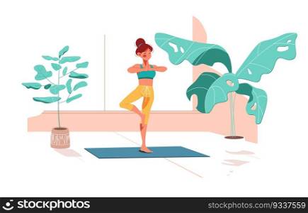 Fitness at home. Girl plays sports. Yoga pose standing on one leg