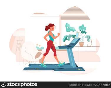 Fitness at home. Girl works out on treadmill. Sport in room