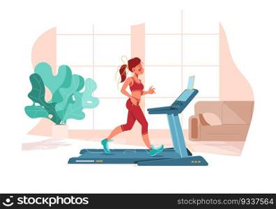 Fitness at home. Girl works out on treadmill. Sport in room