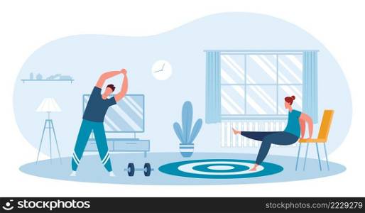 Fitness at home. Man and woman doing physical exercise in living room. Characters doing sport, leading healthy lifestyle. Having workouts to keep fit body vector, wellness and healthcare concept. Fitness at home. Man and woman doing physical exercise in living room. Characters doing sport, leading healthy lifestyle