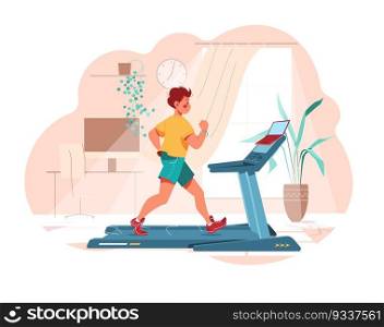 Fitness at home. Man works out on treadmill. Sport in room