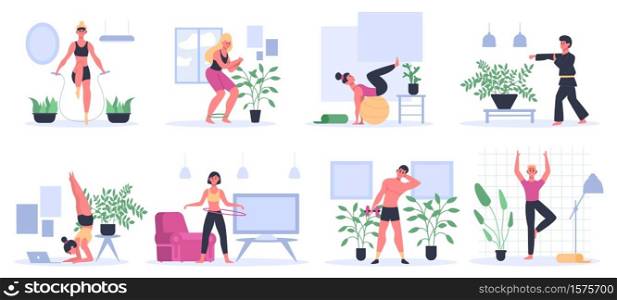 Fitness at home. People exercising, practice yoga, man workout with dumbbell, athletic women home workout activities vector illustration set. Fitness exercise and workout at home. Fitness at home. People exercising, practice yoga, man workout with dumbbell, athletic women home workout activities vector illustration set