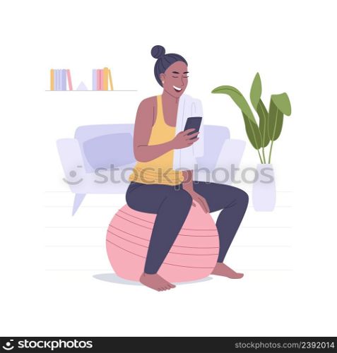 Fitness ball isolated cartoon vector illustrations. Young sporty girl training with fitness ball at home, holding smartphone, healthy and active lifestyle, aerobics practice vector cartoon.. Fitness ball isolated cartoon vector illustrations.