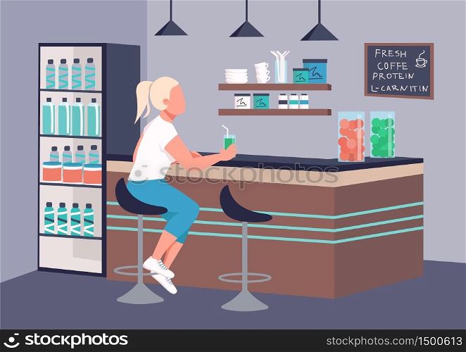 Fitness bar flat color vector illustration. Woman enjoying protein cocktail 2D cartoon character with counter on background. Sportswoman in healthy drinks establishment. Recreational activity. Fitness bar flat color vector illustration