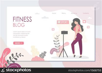 Fitness blog landing page template. Athletic girl makes blog about healthy and sport lifestyle. Smartphone on tripod. Beauty female vlogger character. Trendy vector illustration