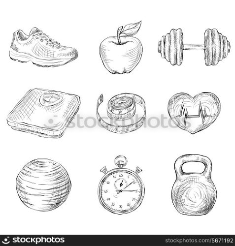 Fitness bodybuilding diet and healthcare sketch icons set isolated vector illustration