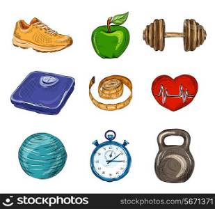 Fitness bodybuilding diet colored sketch icons set isolated vector illustration