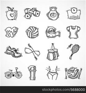 Fitness bodybuilding diet sport exercise sketch decorative icons set isolated vector illustration