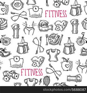 Fitness bodybuilding diet sport training healthcare black and white sketch seamless pattern vector illustration