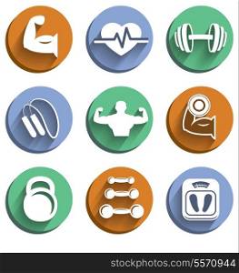 Fitness bodybuilding sport icons set of diet dumbbells healthy body isolated vector illustration