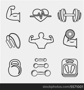 Fitness bodybuilding sport icons set of skipping rope dumbbells weight scales isolated vector illustration
