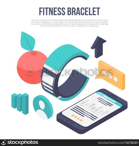 Fitness bracelet concept banner. Isometric illustration of fitness bracelet vector concept banner for web design. Fitness bracelet concept banner, isometric style