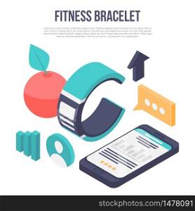 Fitness bracelet concept banner. Isometric illustration of fitness bracelet vector concept banner for web design. Fitness bracelet concept banner, isometric style