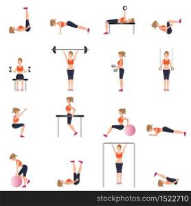 Fitness cardio exercise and equipment for woman sport isolated on white background, Workout, gymnasium sport fitness, athletics, healthy lifestyle,character Vector illustration.