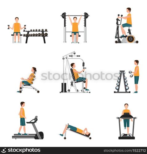 Fitness cardio exercise and equipment with young man isolated on white background, gymnasium sport fitness, athletics, healthy lifestyle,character Vector illustration.