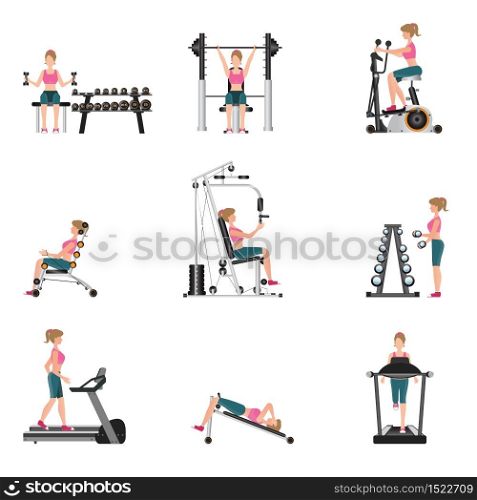 Fitness cardio exercise and equipment with young women isolated on white background, gymnasium sport fitness, athletics, healthy lifestyle,character Vector illustration.