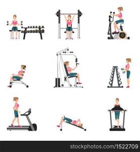 Fitness cardio exercise and equipment with young women isolated on white background, gymnasium sport fitness, athletics, healthy lifestyle,character Vector illustration.