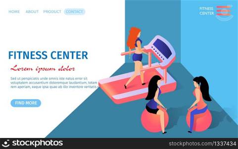 Fitness Center Horizontal Banner with Copy Space. Athletic Girls Training in Gym Sitting on Fitballs. Young Woman Jogging on Trademill. Exercising People. Health. 3d Flat Vector Isometric Illustration. Fitness Center Horizontal Banner with Copy Space