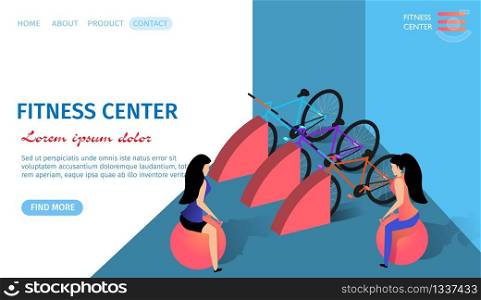 Fitness Center Horizontal Banner with Copy Space. Young Athletic Woman Training in Gym Sitting on Balls. Bicycles Stand Nearby. Exercising People and Equipment. 3d Flat Vector Isometric Illustration.. Young Athletic Woman Training in Fitness Center