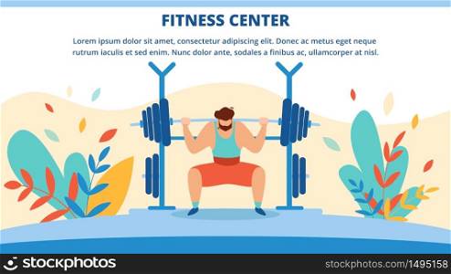 Fitness Center Horizontal Banner with Man Raise Barbell. Invitation Flyer Outdoor Sports Activity for Physically Strong People. Poster Strength and Endurance Training Cartoon Flat Vector Illustration. Banner with Man Raise Barbell Invitation Flyer