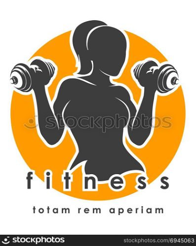 Fitness center or gym Template. Athletic Woman Holding Weight Silhouette. Vector illustration.