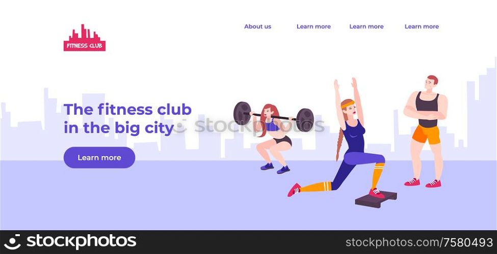 Fitness center website landing page design with clickable links silhouette of cityscape background and athletic people vector illustration