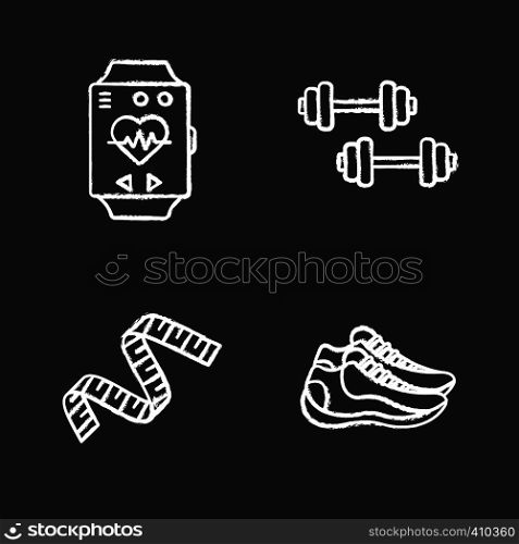 Fitness chalk icons set. Sport equipment. Dumbbells, measuring tape, sneakers, sport bracelet. Isolated vector chalkboard illustrations. Fitness chalk icons set