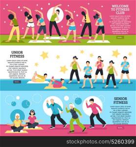 Fitness Classes Horizontal Banners Set. Horizontal banners set with fitness classes for junior and senior persons with yoga elements isolated vector illustration