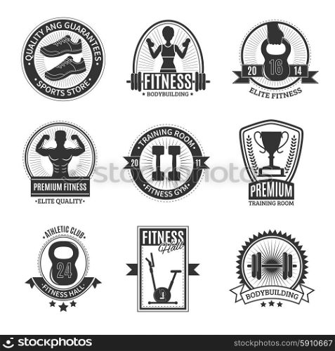Fitness Club Black And White Badges. Fitness hall athletic club elite gym training room and sports store black and white badges set isolated vector illustration