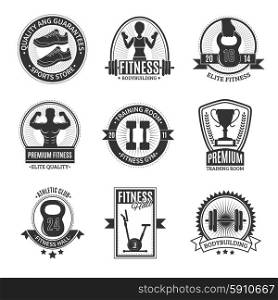 Fitness Club Black And White Badges. Fitness hall athletic club elite gym training room and sports store black and white badges set isolated vector illustration