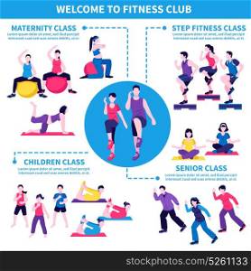 Fitness Club Classes Infographic Poster. Fitness aerobic club infographic poster with senior maternity and children classes offer flat advertisement poster vector illustration