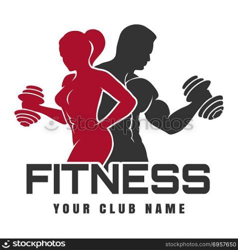 Fitness Club emblem or logo design. Training man and woman silhouettes with dumbbell. Vector illustration.. Fitness Club logo