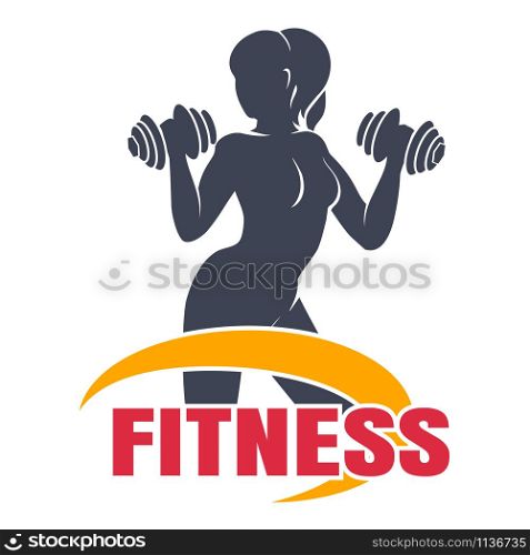 Fitness Club Emblem Template. Athletic Woman Holding dumbbell Silhouette. Vector illustration