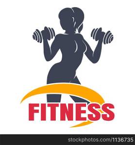 Fitness Club Emblem Template. Athletic Woman Holding dumbbell Silhouette. Vector illustration