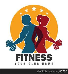 Fitness club emblem with muscled man and woman silhouettes. Man and woman holds dumbbells. Vector illustration