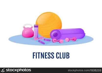 Fitness club flat concept vector illustration. Gym for physical exercises. Healthy lifestyle. Training center. Sports equipment 2D cartoon objects for web design. Aerobics creative idea. Fitness club flat concept vector illustration