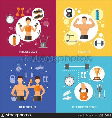 Fitness Club Healthy Life Concept. Fitness club sports training and time to begin healthy life flat color concept isolated vector illustration