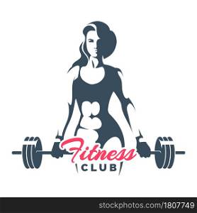Fitness Club Logo. Athletic Woman Holds Barbell on White Background. Vector illustration.