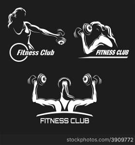 Fitness Club logo or emblem set. Training muscled woman. Woman holds dumbbells in various positions. Only free font used. White silhouetes isolated on black background.