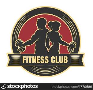 Fitness club logo with exercising athletic man and woman isolated on white. Vector illustration