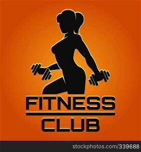 Fitness club or gym design template. Silhouette of athletic woman with dumbbells. Vector illustration.