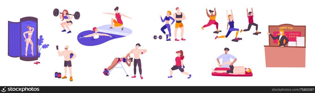 Fitness club set with isolated doodle human characters of training people with sport equipment gymnastic apparatus vector illustration
