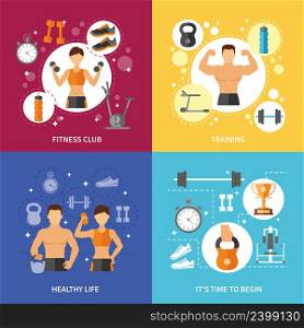 Fitness club sports training and time to begin healthy life flat color concept isolated vector illustration. Fitness Club Healthy Life Concept