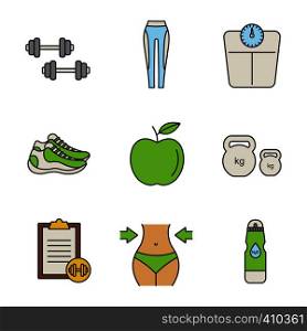 Fitness color icons set. Dumbbells, leggings, floor scales, sneakers, apple, kettlebells, exercise guide, weight loss, water bottle. Isolated vector illustration. Fitness color icon