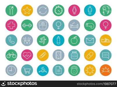 Fitness color linear icons set. Vector line art symbols isolated on white. Fitness color linear icons set